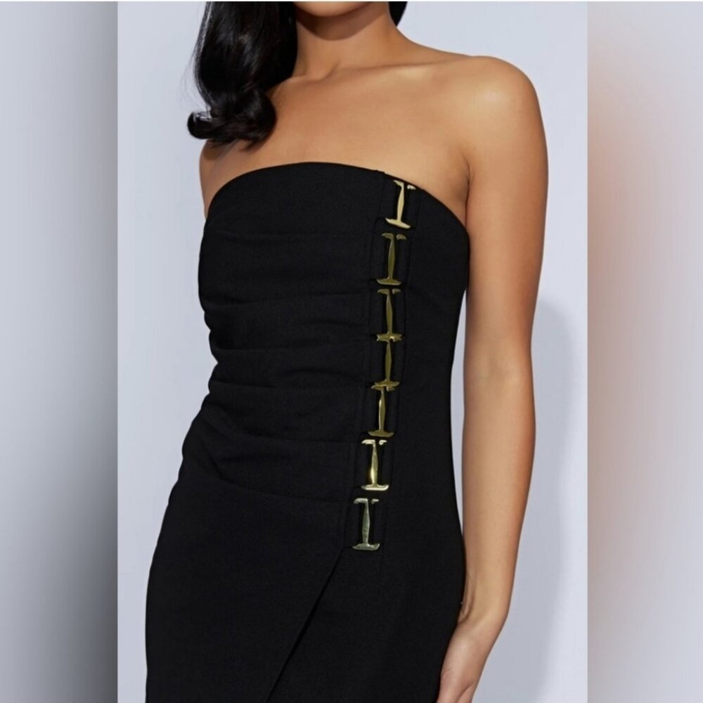 MESHKI Mercer Bandeau Midi Dress XS Black Strappless Bodycon Holiday Party Dress - Picture 3 of 11